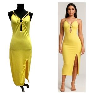 Forever 21 yellow spaghetti strap V-neck bodycon peep-hole midi dress front slit